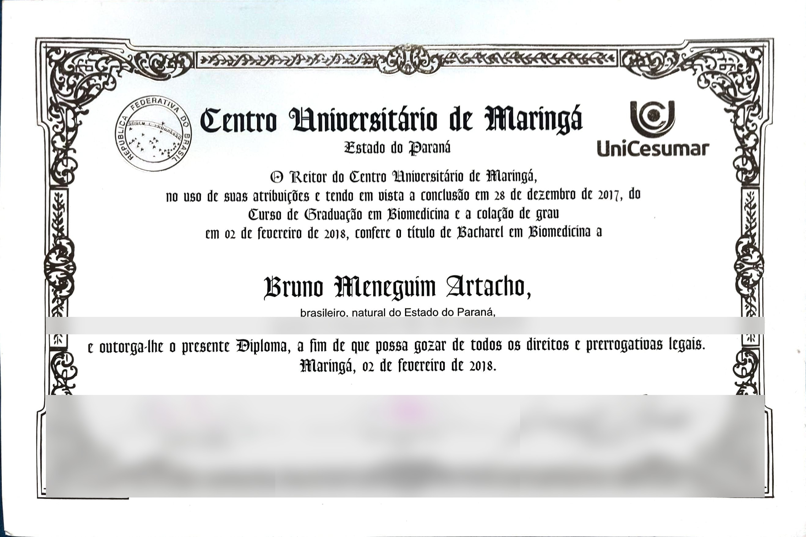 Diploma Bacharel em Biomedicina — UniCesumar, 2018